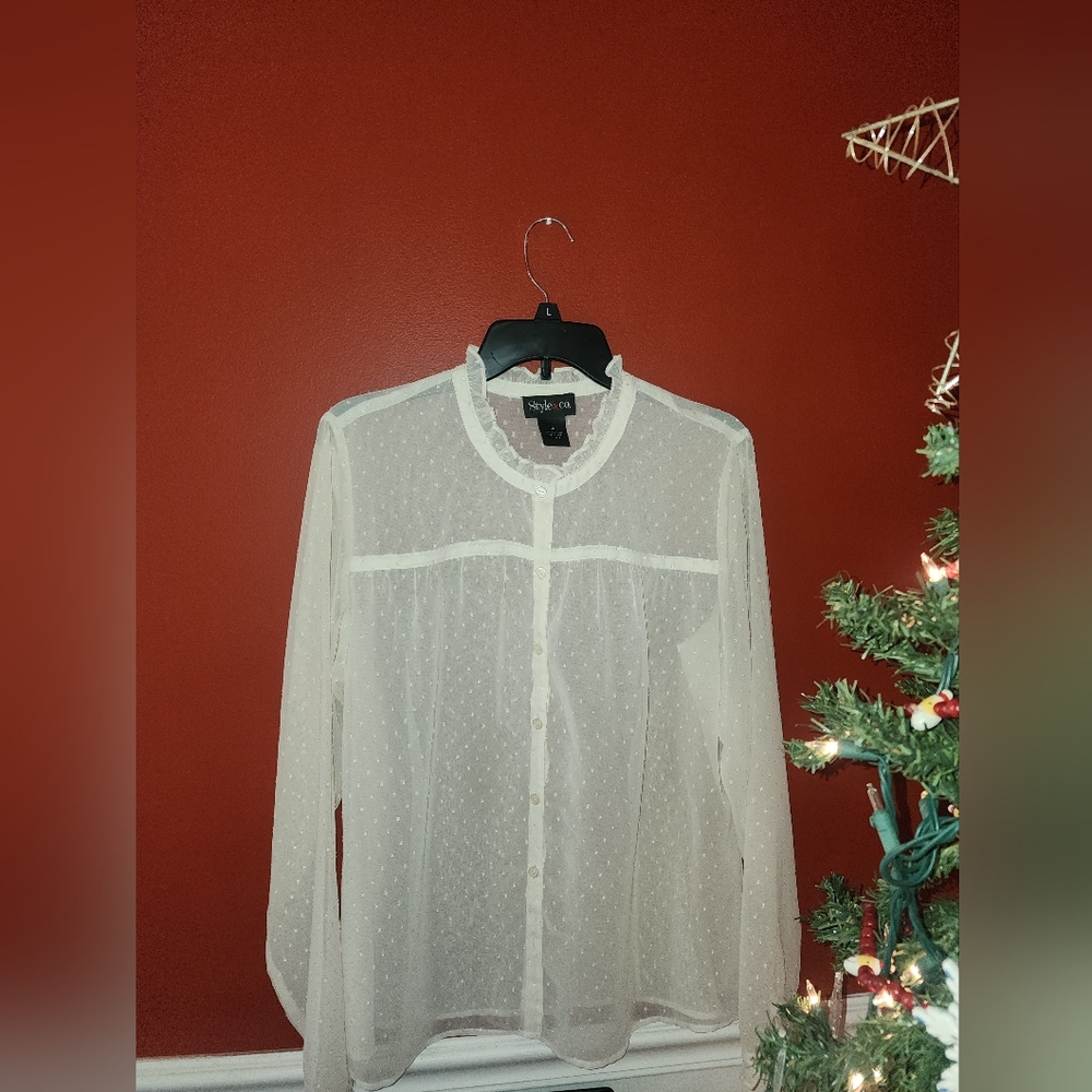 Style & Co. Sheer White Blouse. Pretty& Perfect for Christmas or New Years Eve